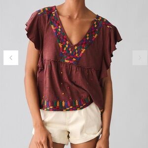 By Anthropologie brown cotton Embroidered Ruffle-Sleeve Peplum Top size small